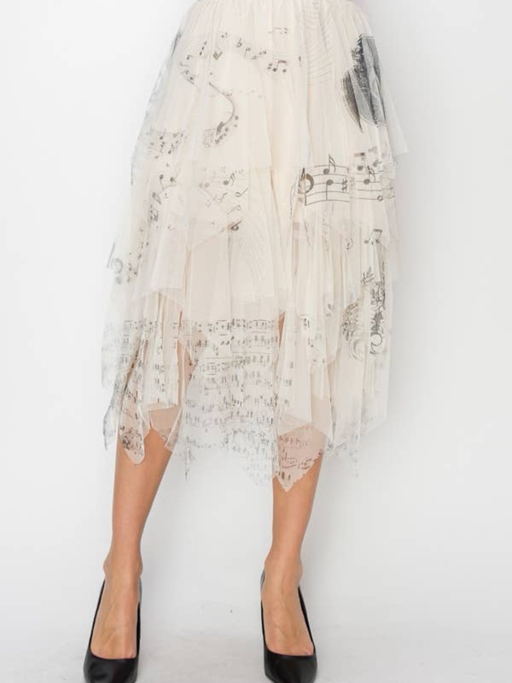🎼 ORIGAMI White Sheet Music Tulle Handkerchief Midi Skirt L
